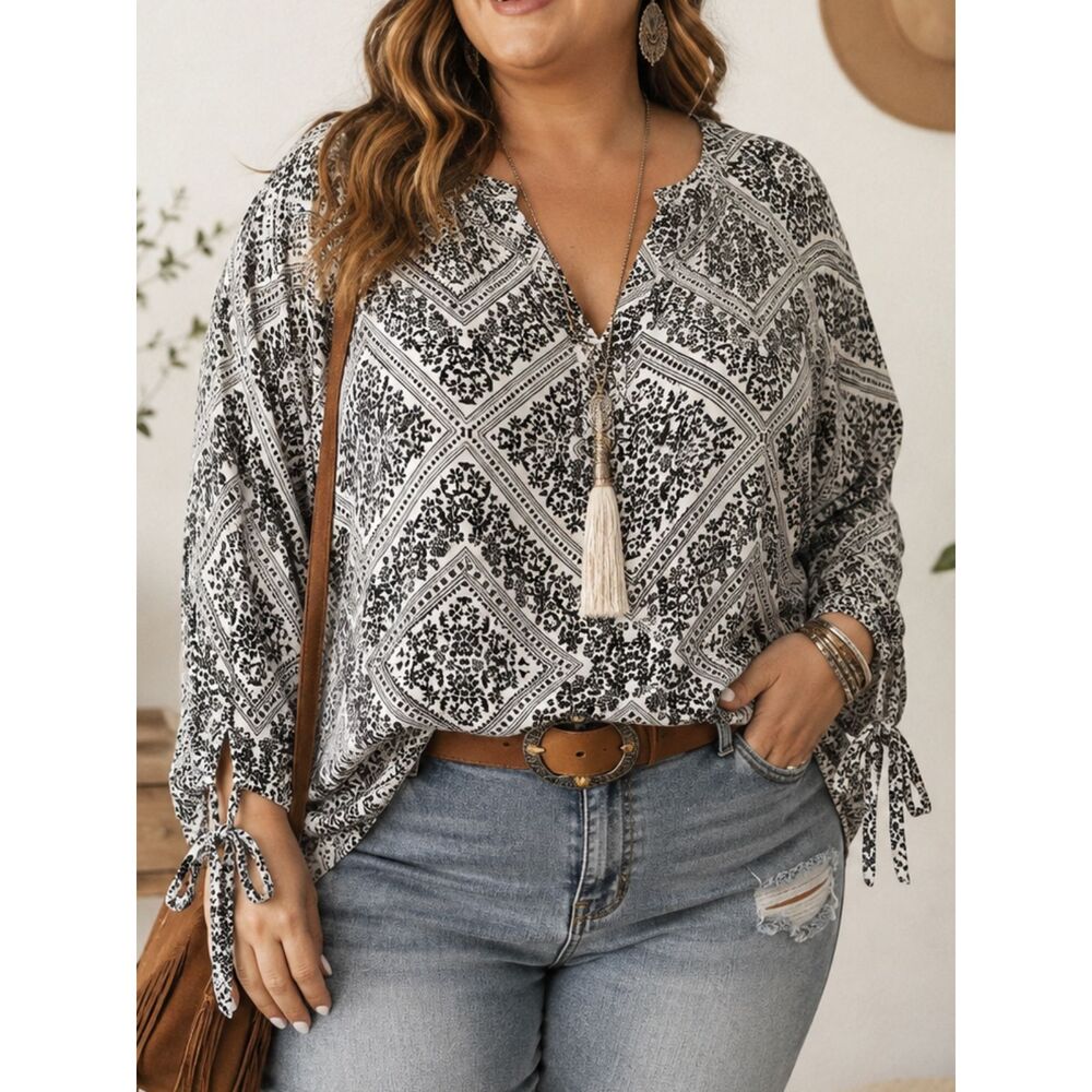 Como Vintage XXL Black White Floral Boho Bandana Print Tie Sleeve Blouse